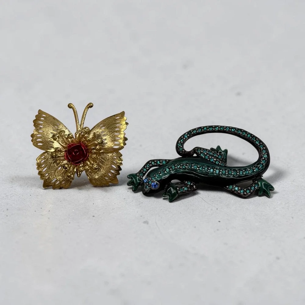 Chicos Teal Enamel Lizard Rhinestone Brooch & Gold Tone Rose Butterfly Pin Set